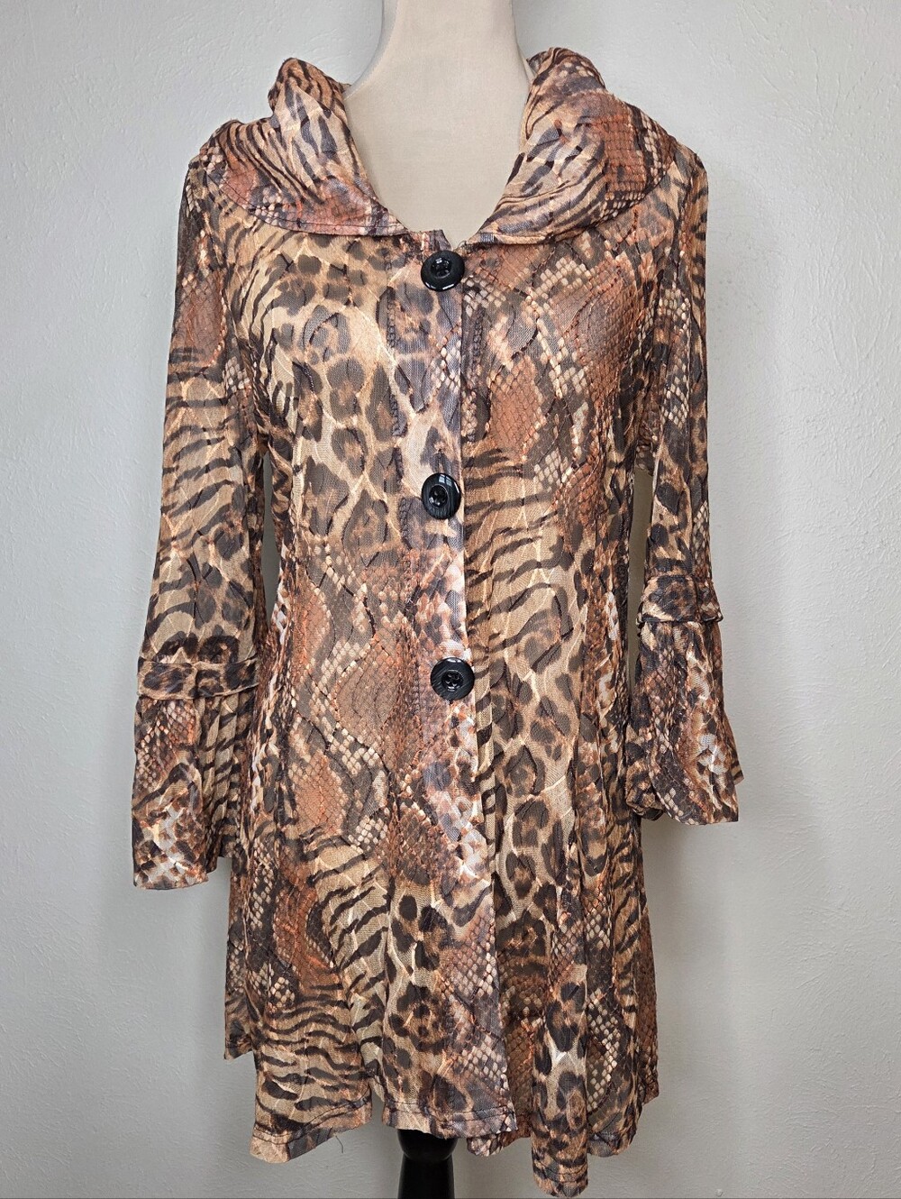 Urban Mango Animal Print Sheer Mesh Bell Sleeve Duster Cardigan Y2K Glam Small